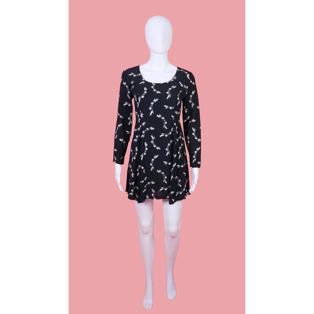 1990s BETSEY JOHNSON BOW Print Long Sleeve Mini Dress W/Adjustable Back. Small